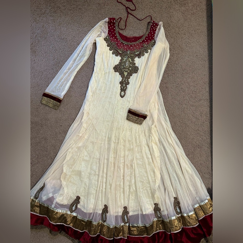 Silk, net, and velvet embellished anarkali three piece designer dress